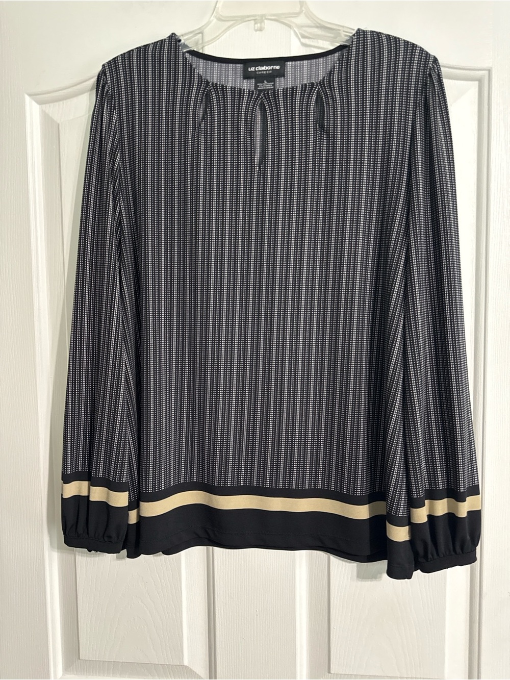 Liz Claiborne Black and Cream Striped Long Sleeve Top